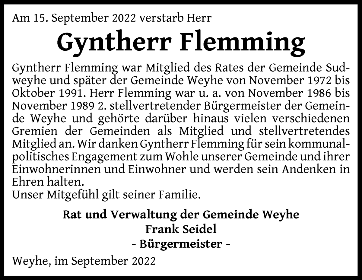 Traueranzeige von Gyntherr Flemming von Regionale Rundschau/Syker Kurier