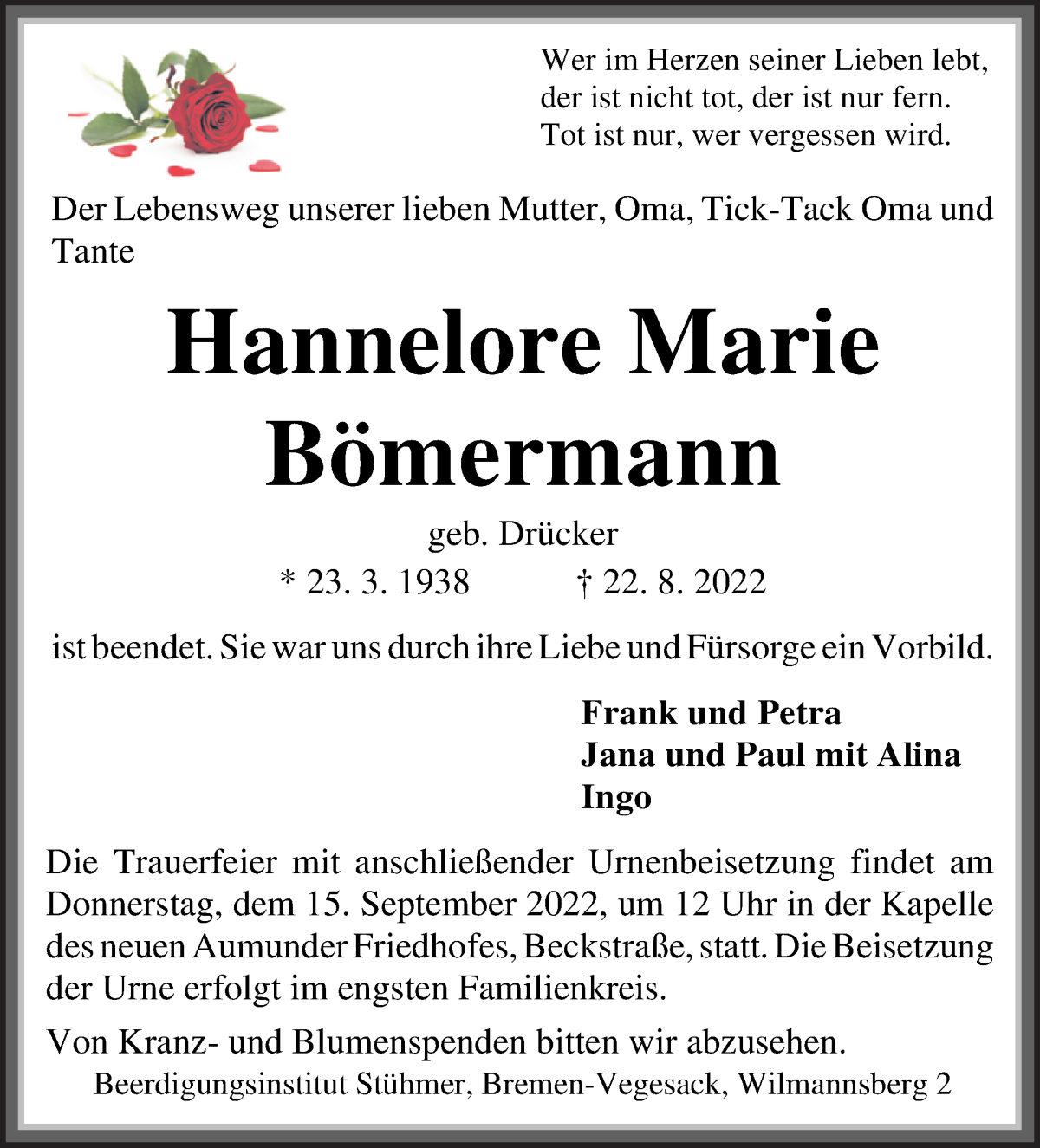  Traueranzeige für Hannelore (Nessie) Bömermann vom 10.09.2022 aus Die Norddeutsche