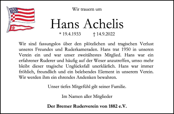 Traueranzeige von Hans Achelis von WESER-KURIER