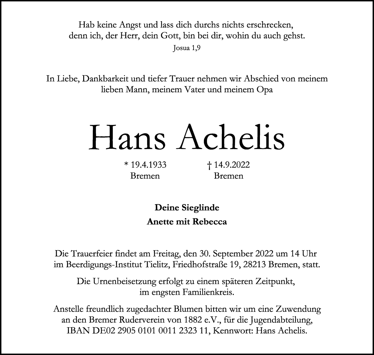  Traueranzeige für Hans Achelis vom 24.09.2022 aus WESER-KURIER