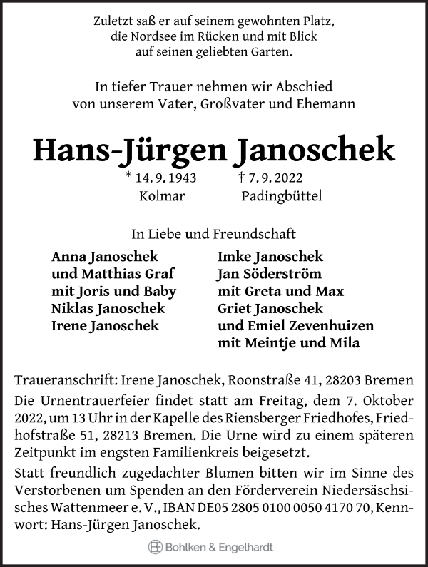 Traueranzeige von Hans-Jürgen Janoschek von WESER-KURIER
