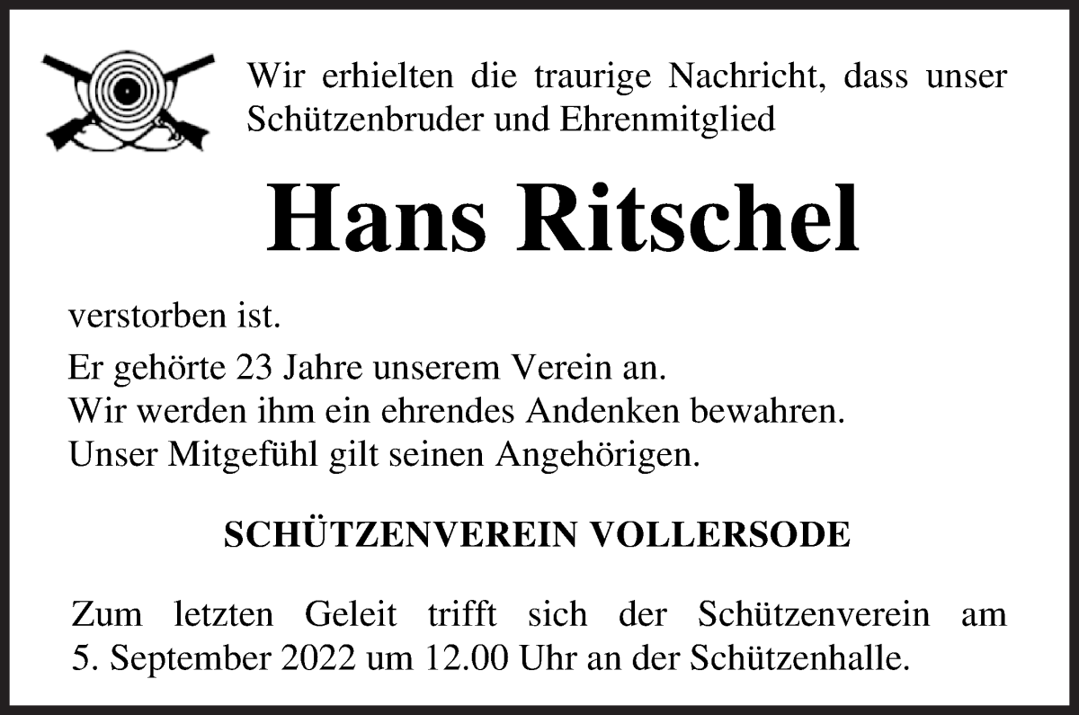  Traueranzeige für Hans Ritschel vom 01.09.2022 aus Osterholzer Kreisblatt