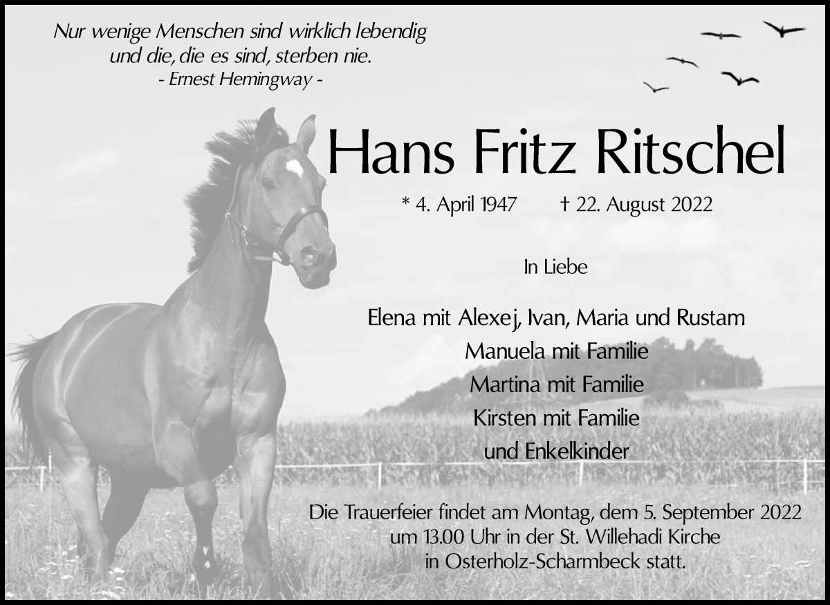  Traueranzeige für Hans Ritschel vom 01.09.2022 aus Osterholzer Kreisblatt