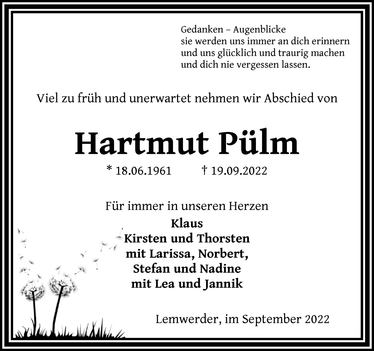  Traueranzeige für Hartmut Pülm vom 28.09.2022 aus Die Norddeutsche