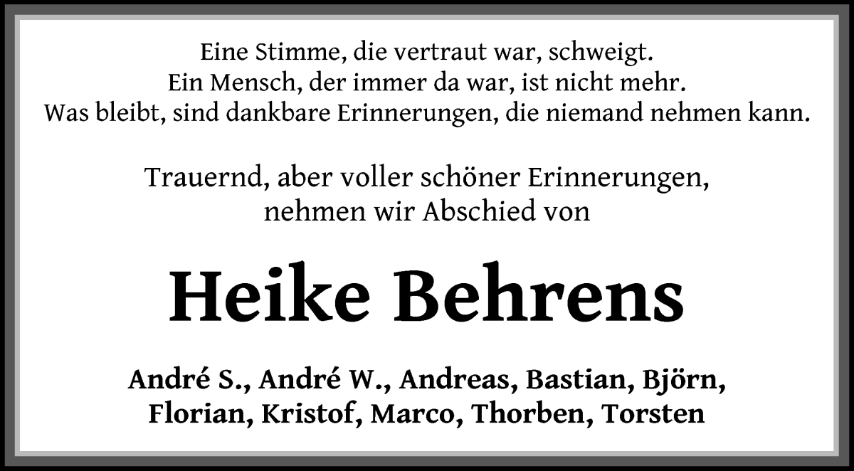  Traueranzeige für Heike Behrens vom 24.09.2022 aus Wuemme Zeitung