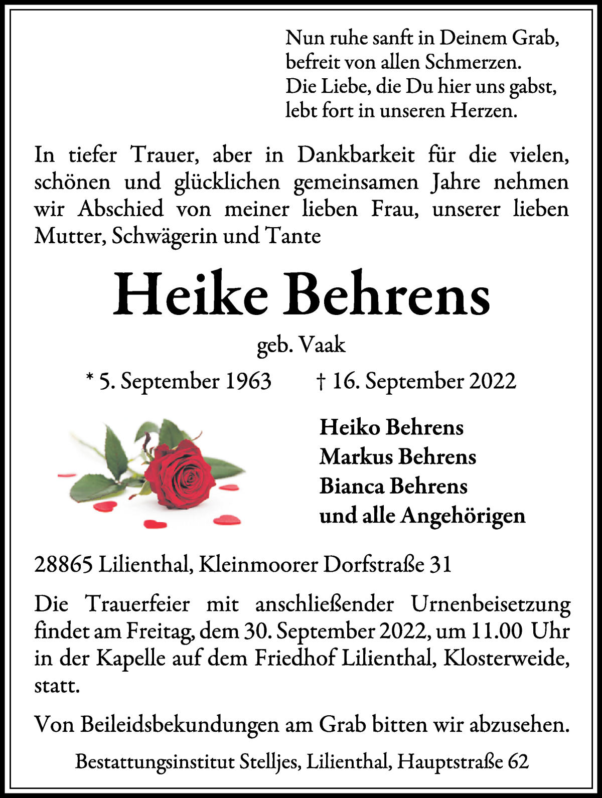  Traueranzeige für Heike Behrens vom 24.09.2022 aus Wuemme Zeitung