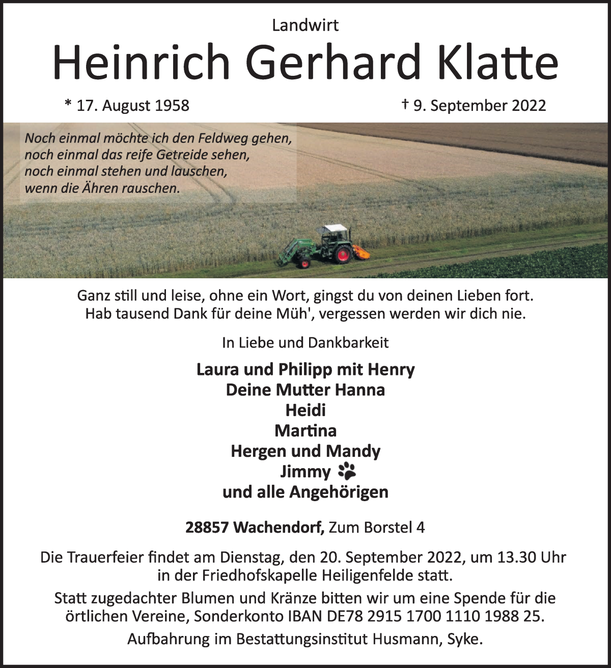  Traueranzeige für Heinrich Gerhard Klatte vom 14.09.2022 aus WESER-KURIER