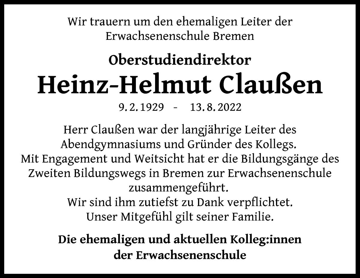  Traueranzeige für Heinz-Helmut Claußen vom 03.09.2022 aus WESER-KURIER