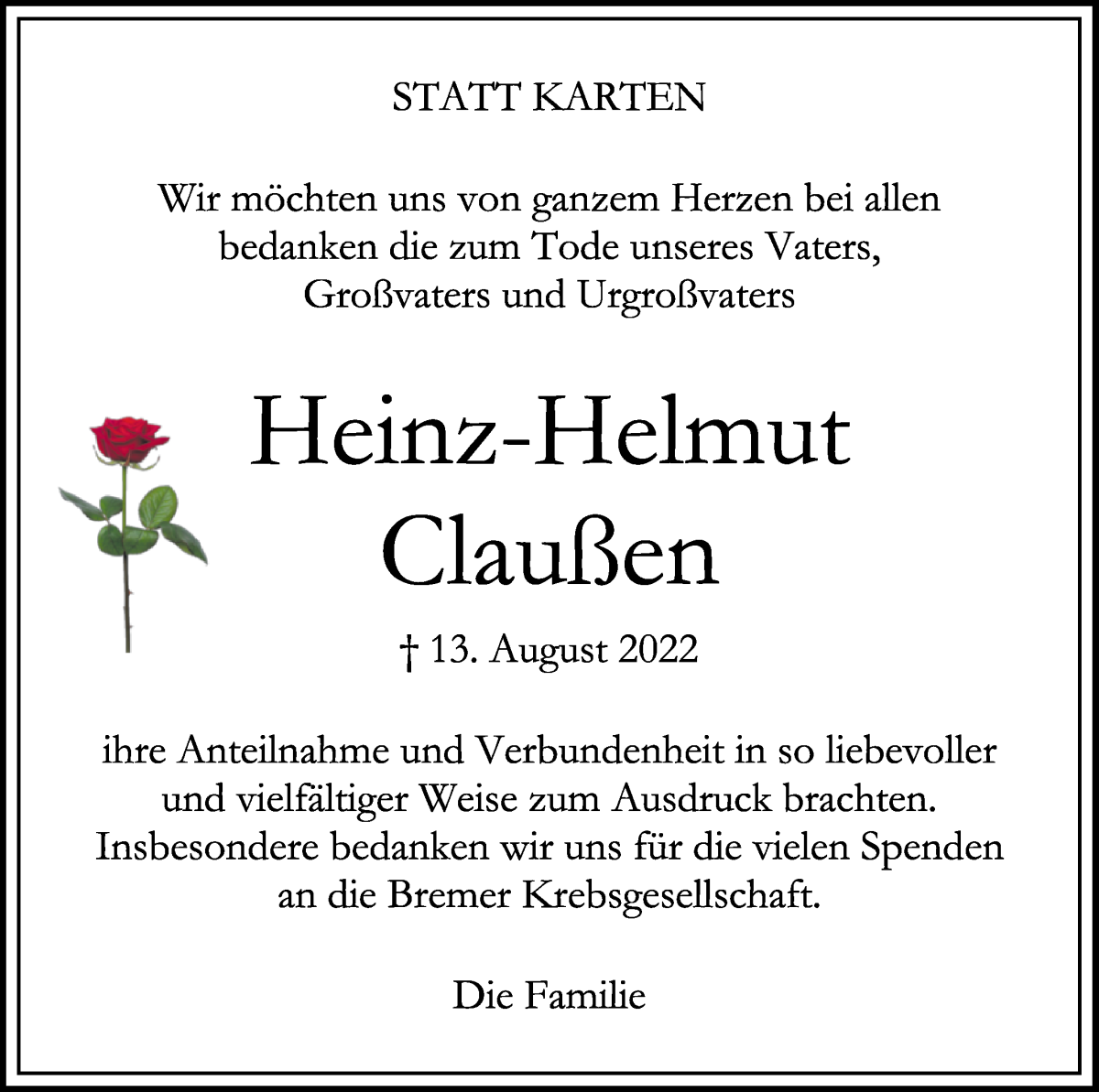  Traueranzeige für Heinz-Helmut Claußen vom 24.09.2022 aus WESER-KURIER