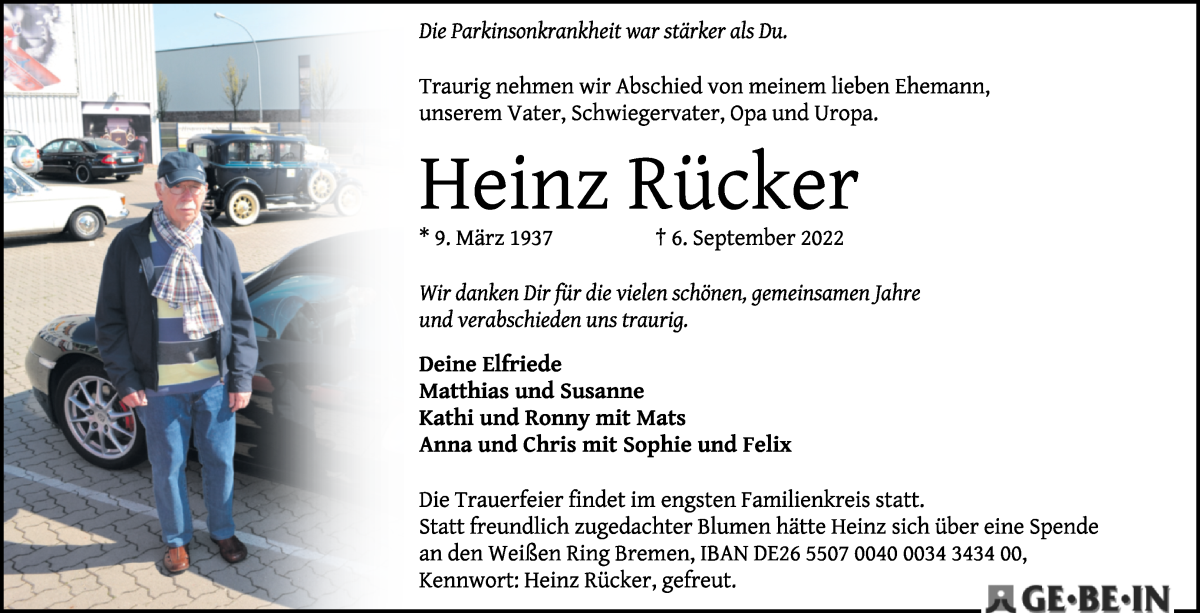  Traueranzeige für Heinz Rücker vom 10.09.2022 aus WESER-KURIER