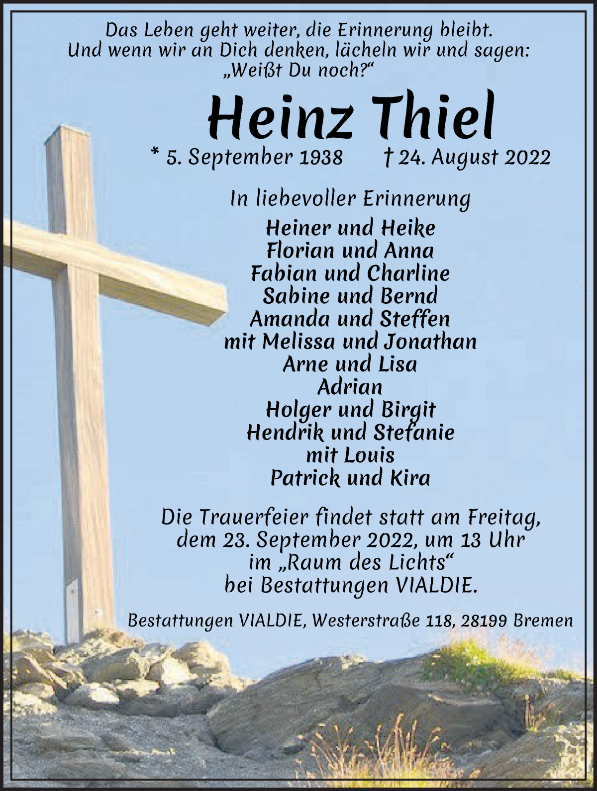  Traueranzeige für Heinz Thiel vom 10.09.2022 aus WESER-KURIER