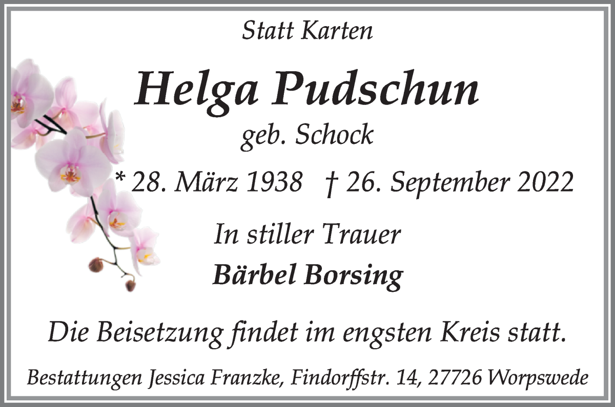  Traueranzeige für Helga Pudschun vom 29.09.2022 aus Osterholzer Kreisblatt