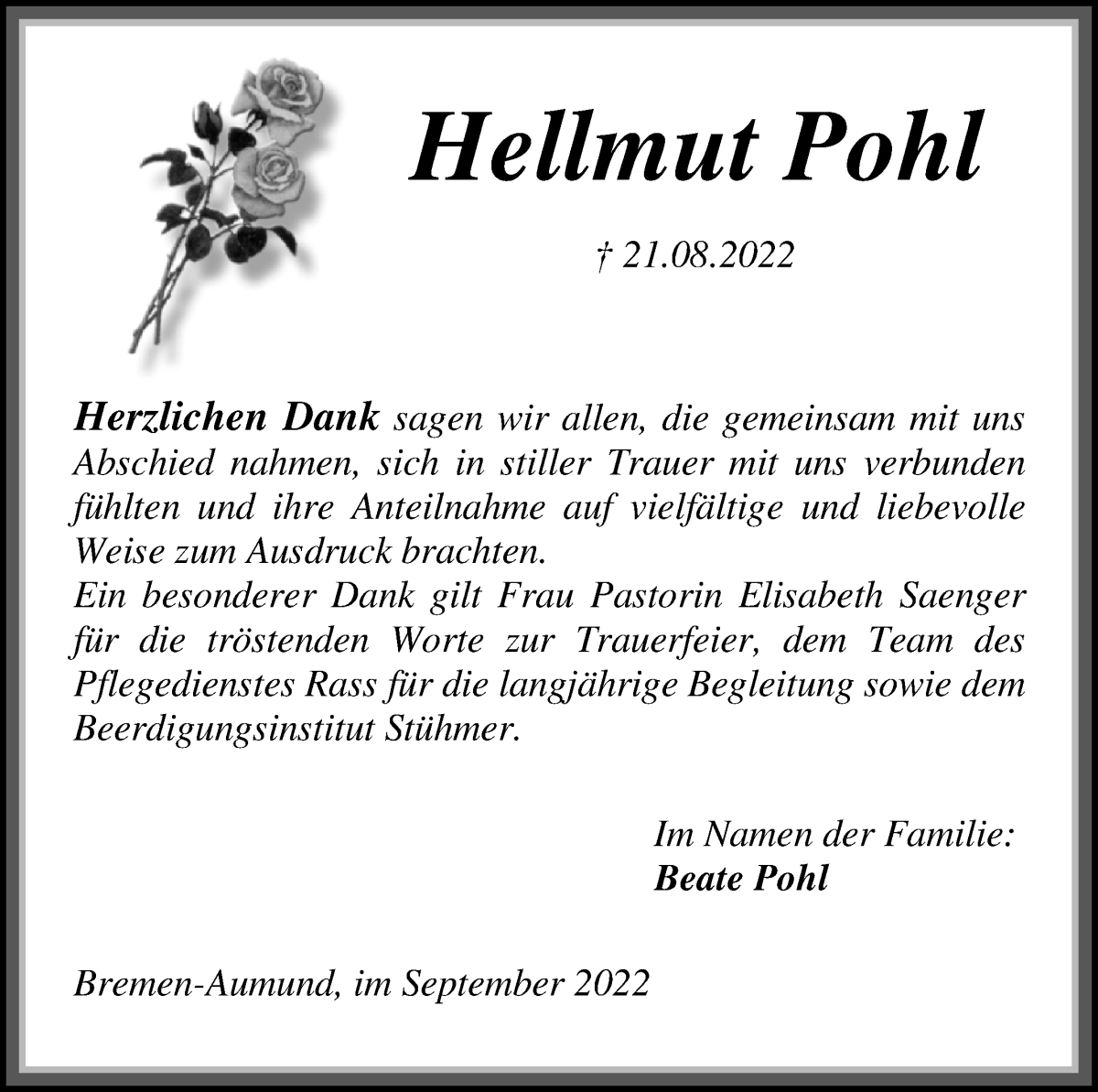  Traueranzeige für Hellmut Pohl vom 10.09.2022 aus Die Norddeutsche