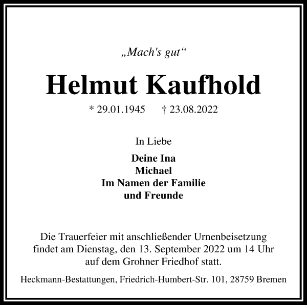 Traueranzeige von Helmut Kaufhold von Die Norddeutsche