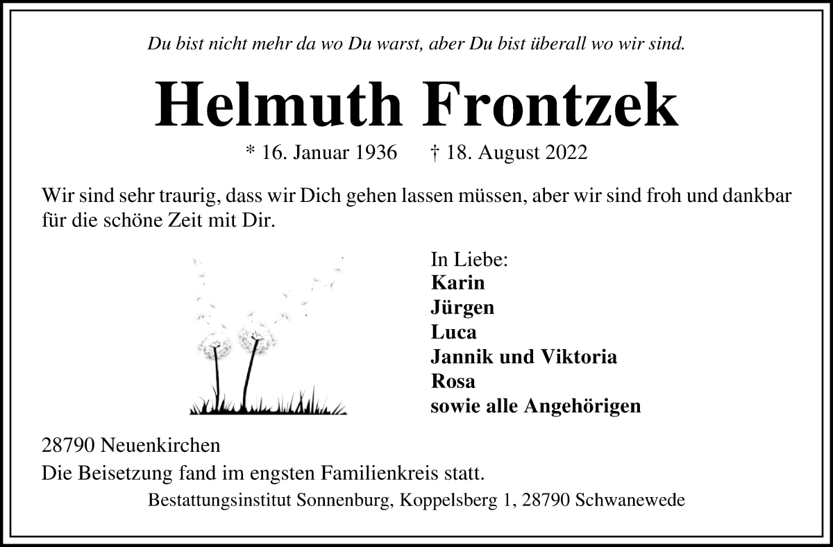 Traueranzeige von Helmuth Frontzek von Die Norddeutsche