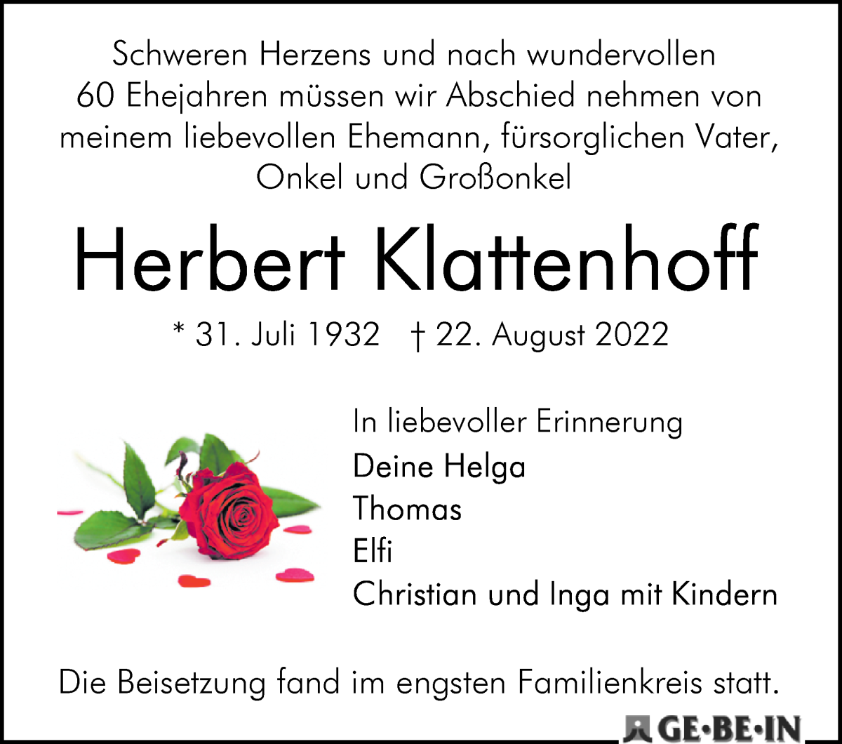 Traueranzeige von Herbert Klattenhoff von WESER-KURIER