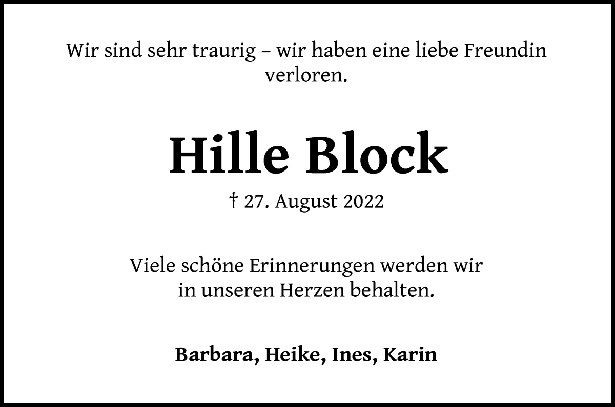  Traueranzeige für Hildburg Block vom 03.09.2022 aus WESER-KURIER