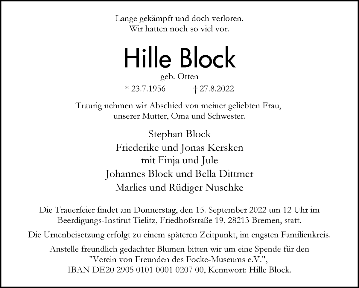  Traueranzeige für Hildburg Block vom 03.09.2022 aus WESER-KURIER