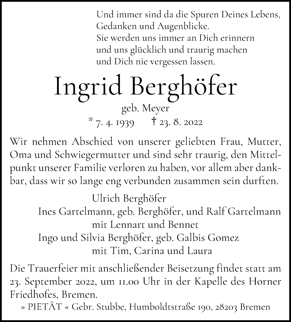  Traueranzeige für Ingrid Berghöfer vom 03.09.2022 aus WESER-KURIER