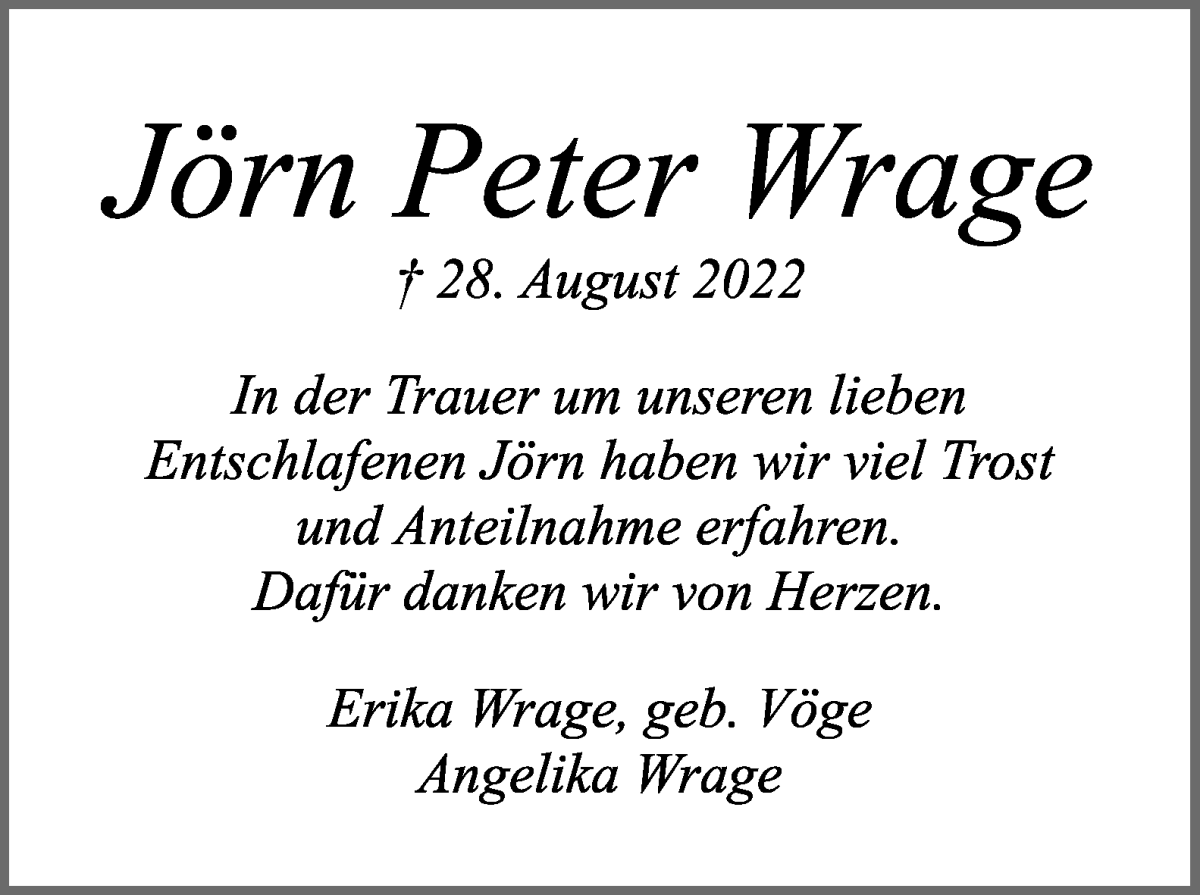  Traueranzeige für Jörn Peter Wrage vom 24.09.2022 aus WESER-KURIER
