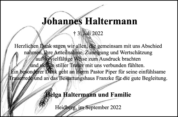 Traueranzeige von Johannes Haltermann von Wuemme Zeitung