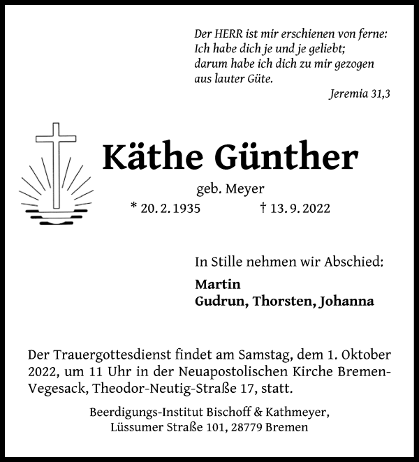 Traueranzeige von Käthe Günther von Die Norddeutsche
