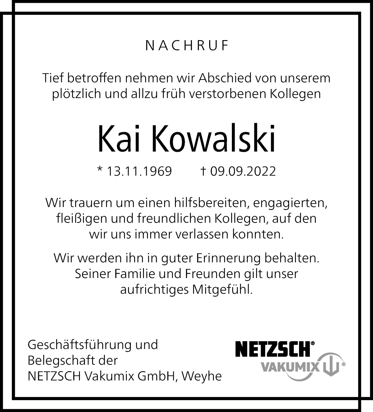  Traueranzeige für Kai Kowalski vom 24.09.2022 aus Achimer Kurier/Verdener Nachrichten