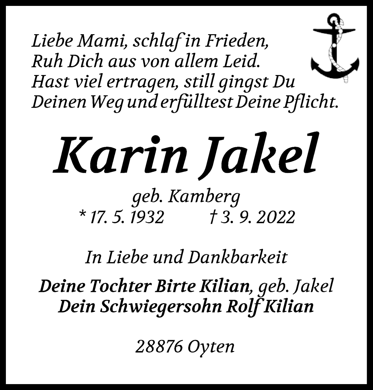  Traueranzeige für Karin Jakel vom 10.09.2022 aus WESER-KURIER