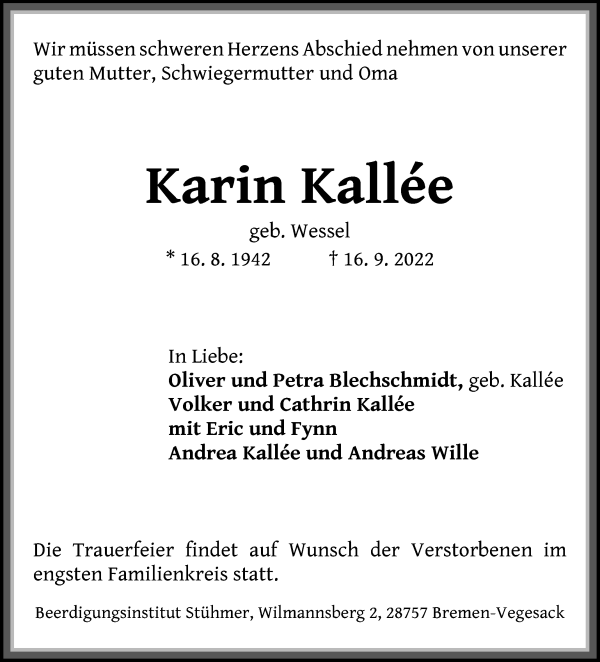 Traueranzeige von Karin Kallée von Die Norddeutsche