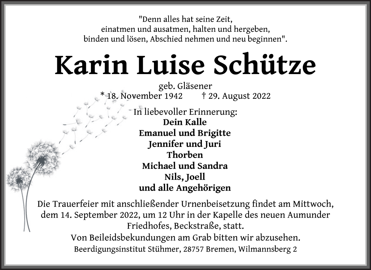  Traueranzeige für Karin Luise Schütze vom 10.09.2022 aus Die Norddeutsche