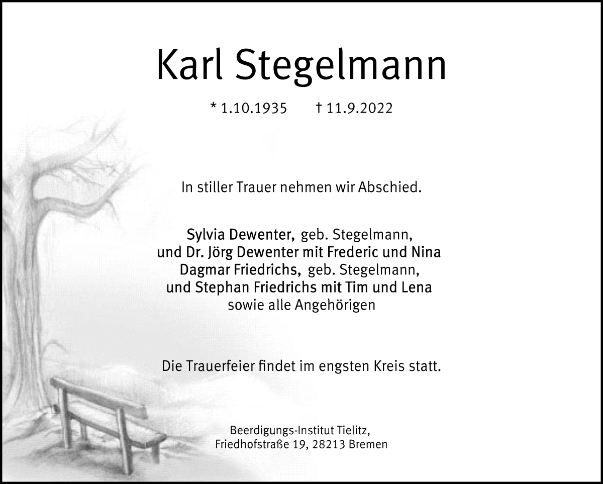  Traueranzeige für Karl Stegelmann vom 17.09.2022 aus WESER-KURIER