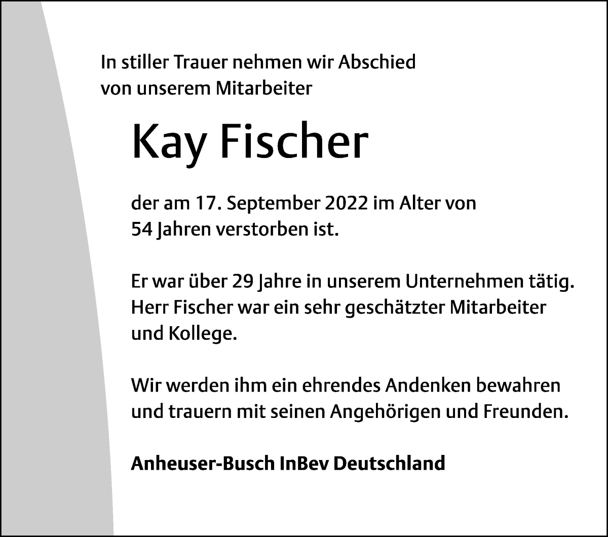  Traueranzeige für Kay Fischer vom 28.09.2022 aus WESER-KURIER
