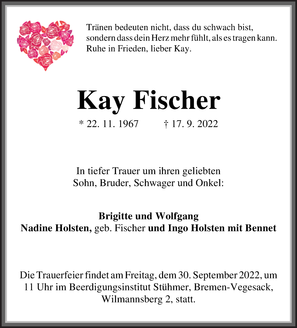  Traueranzeige für Kay Fischer vom 24.09.2022 aus WESER-KURIER