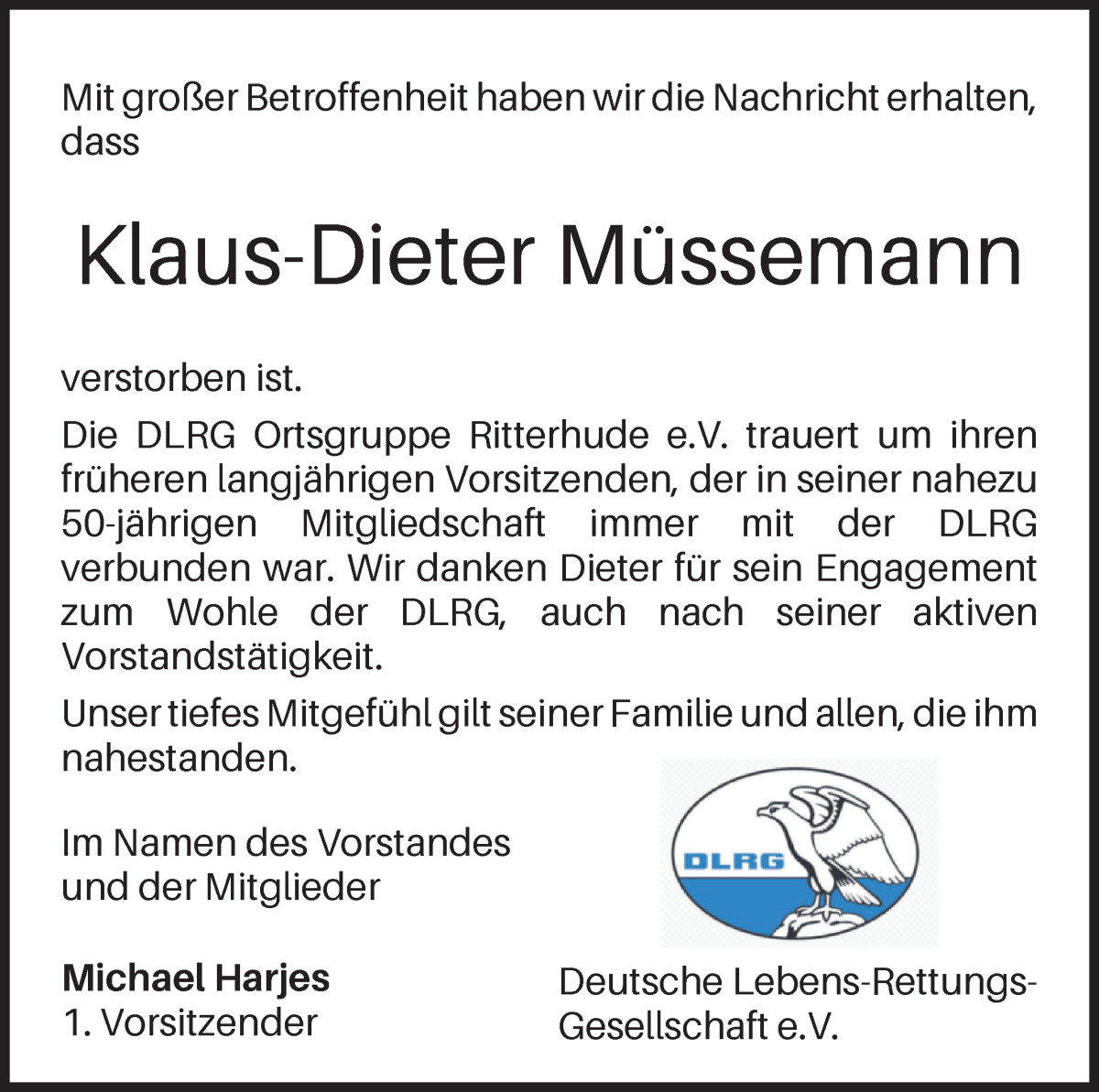 Traueranzeige von Klaus-Dieter Müssemann von Osterholzer Kreisblatt
