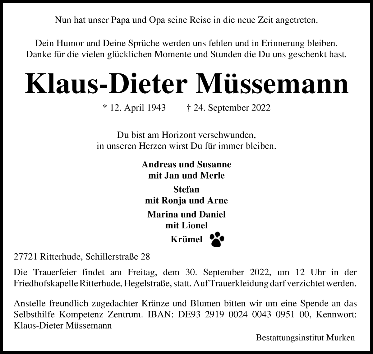  Traueranzeige für Klaus-Dieter Müssemann vom 27.09.2022 aus Osterholzer Kreisblatt