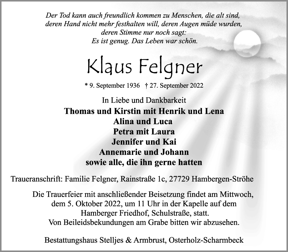  Traueranzeige für Klaus Felgner vom 30.09.2022 aus Osterholzer Kreisblatt