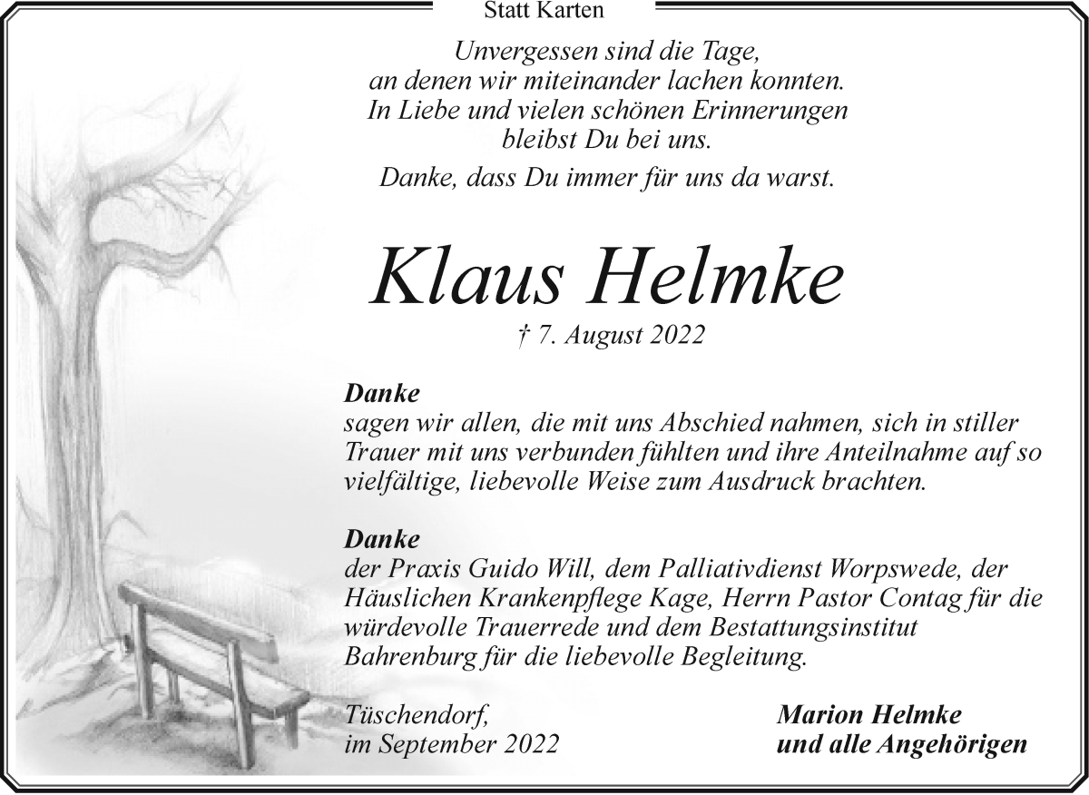  Traueranzeige für Klaus Helmke vom 21.09.2022 aus Wuemme Zeitung