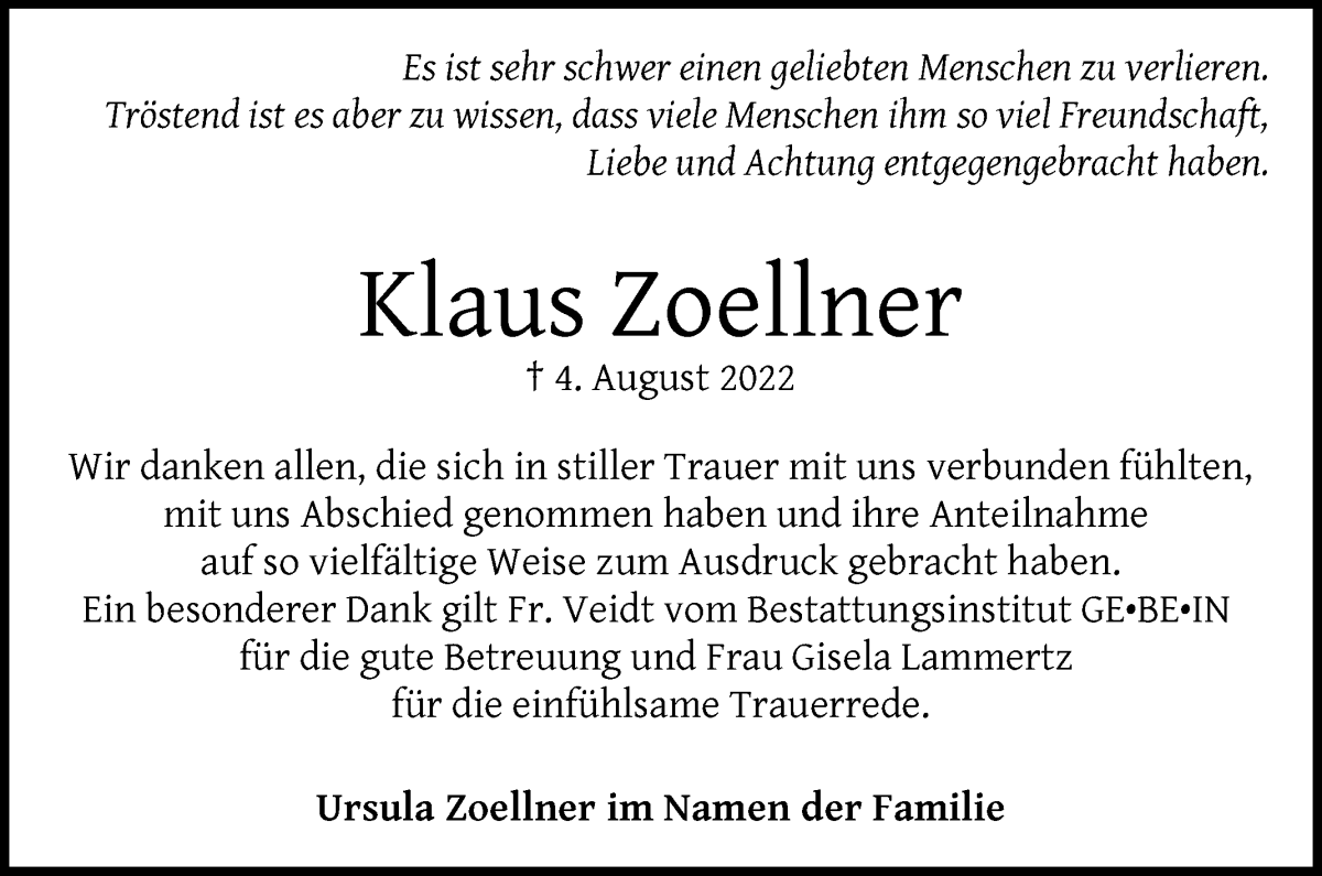  Traueranzeige für Klaus Zoellner vom 03.09.2022 aus WESER-KURIER