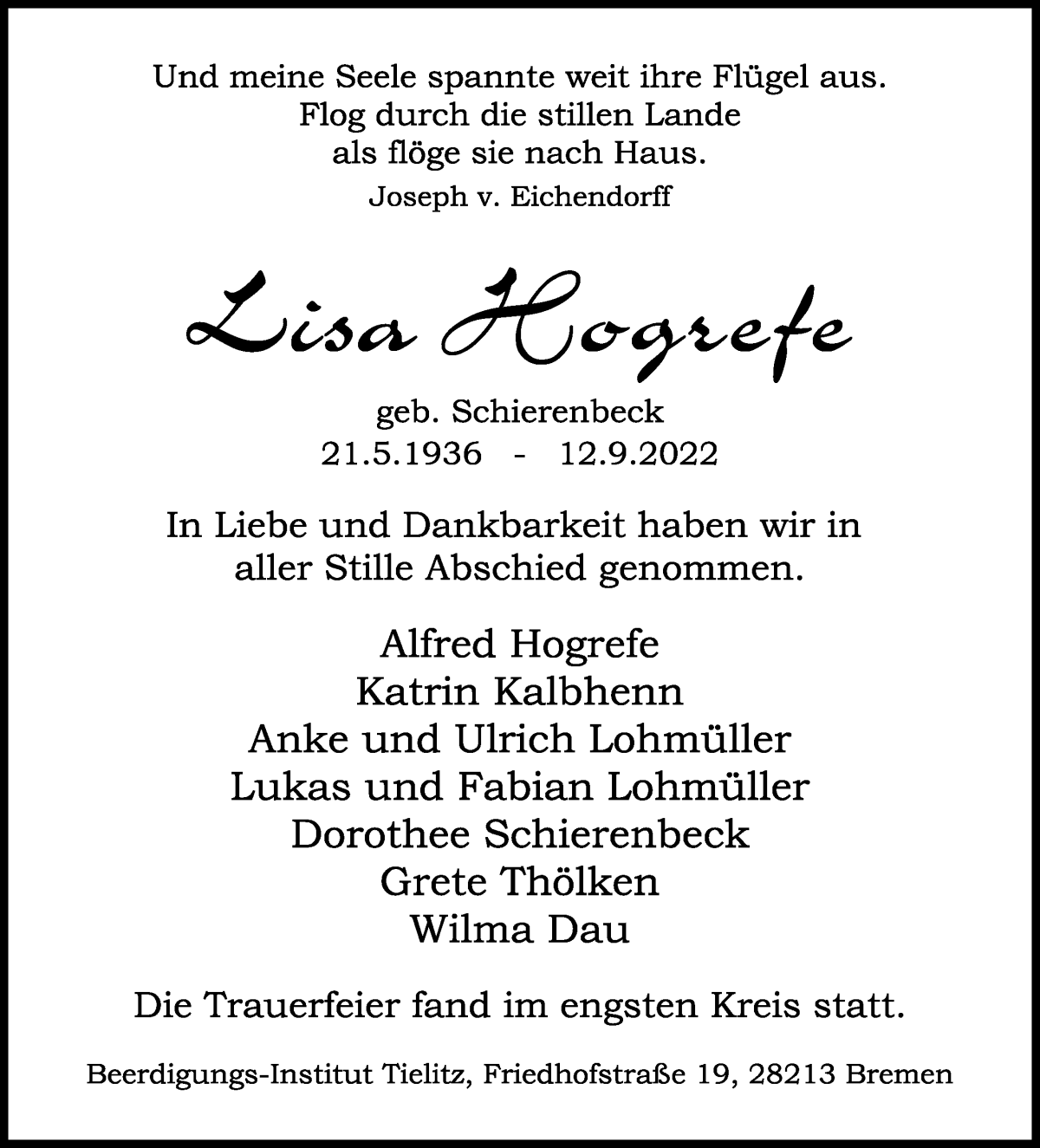  Traueranzeige für Lisa Hogrefe vom 24.09.2022 aus WESER-KURIER