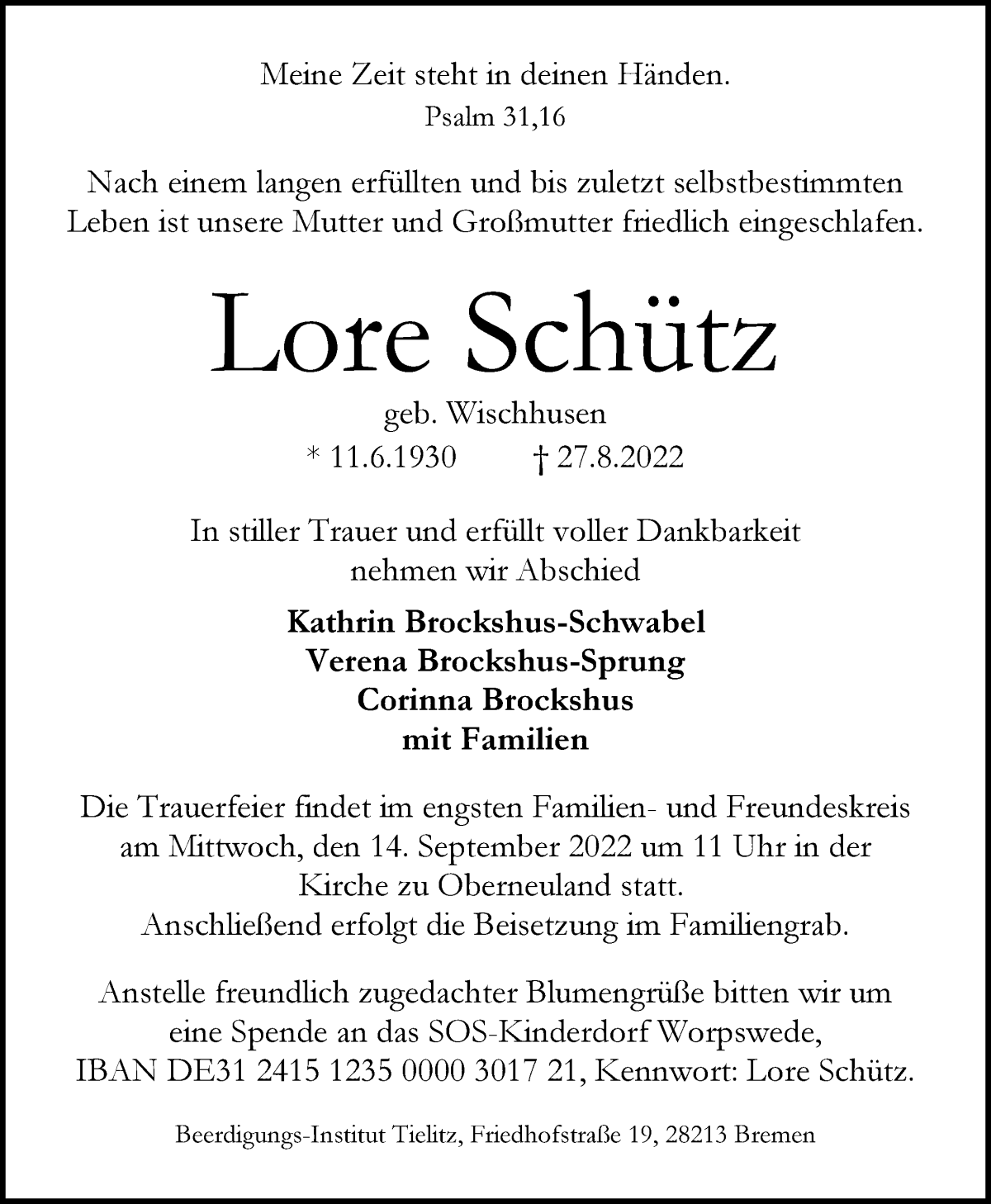  Traueranzeige für Lore Schütz vom 03.09.2022 aus WESER-KURIER