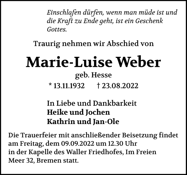 Traueranzeige von Marie-Luise Weber von Die Norddeutsche