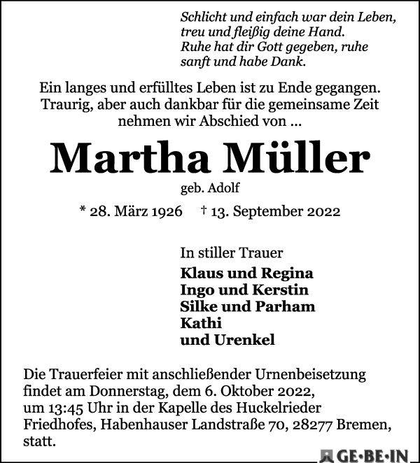 Traueranzeige von Martha Müller von WESER-KURIER