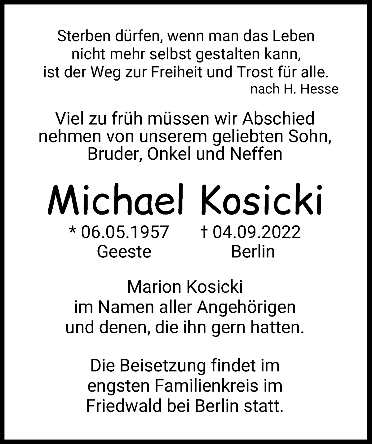  Traueranzeige für Michael Kosicki vom 14.09.2022 aus WESER-KURIER