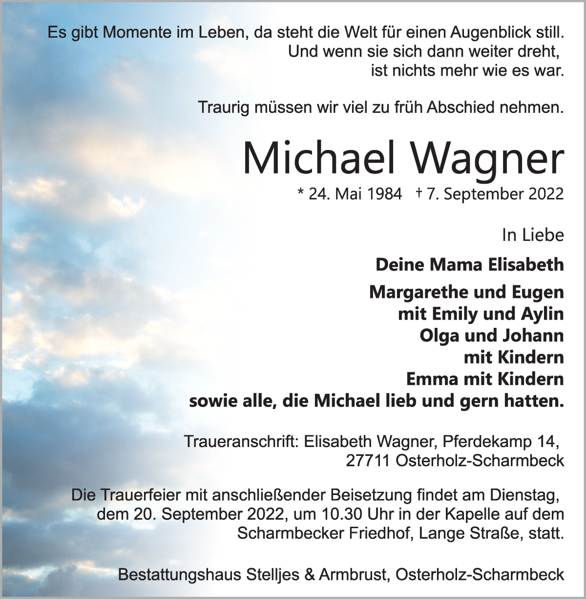  Traueranzeige für Michael Wagner vom 15.09.2022 aus Osterholzer Kreisblatt
