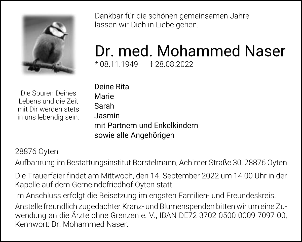  Traueranzeige für Mohammed Naser vom 03.09.2022 aus WESER-KURIER