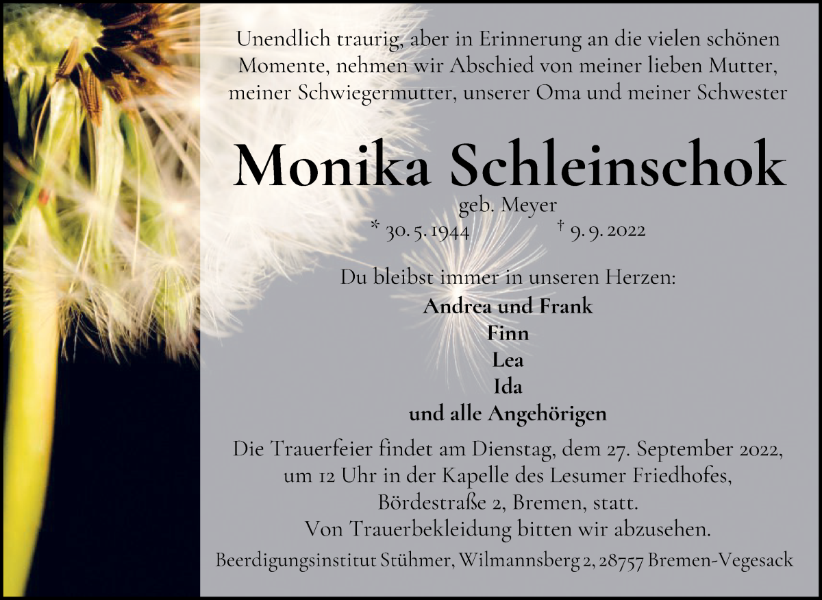  Traueranzeige für Monika Schleinschok vom 17.09.2022 aus Die Norddeutsche