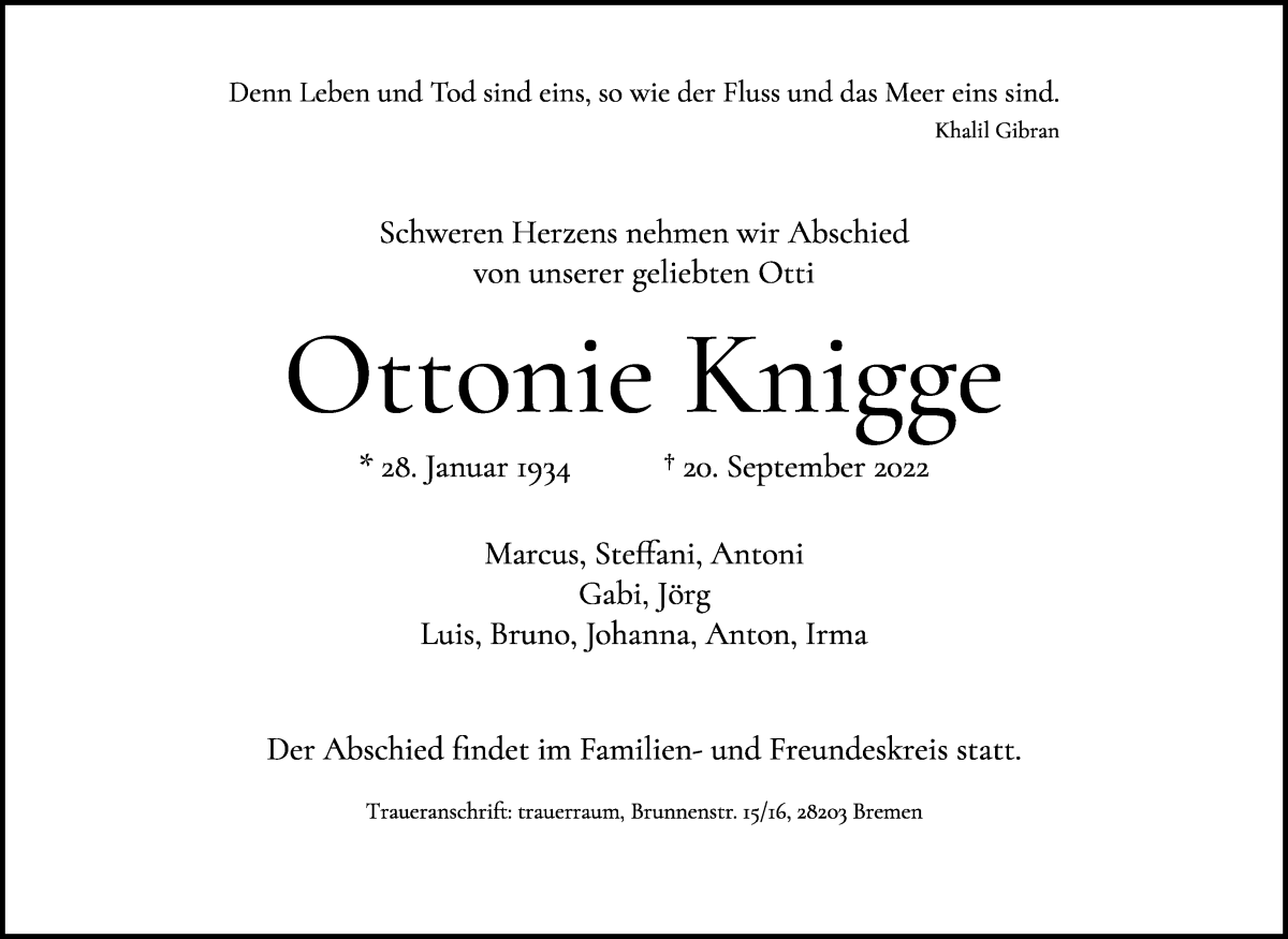 Traueranzeige von Ottonie Knigge von WESER-KURIER