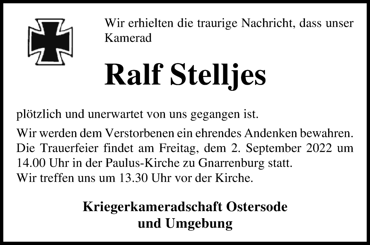  Traueranzeige für Ralf Stelljes vom 01.09.2022 aus Osterholzer Kreisblatt