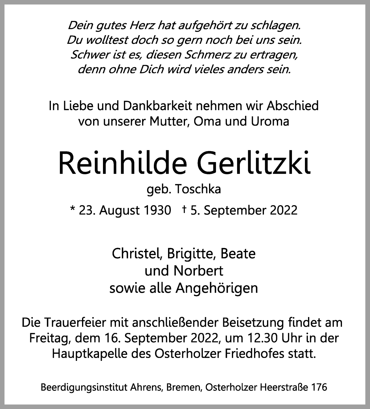 Traueranzeige von Reinhilde Gerlitzki von WESER-KURIER