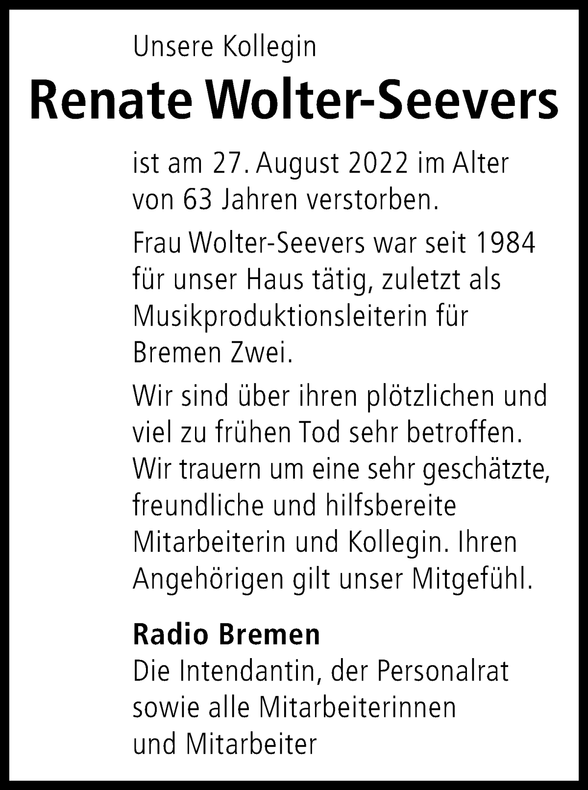  Traueranzeige für Renate Wolter-Seevers vom 03.09.2022 aus WESER-KURIER